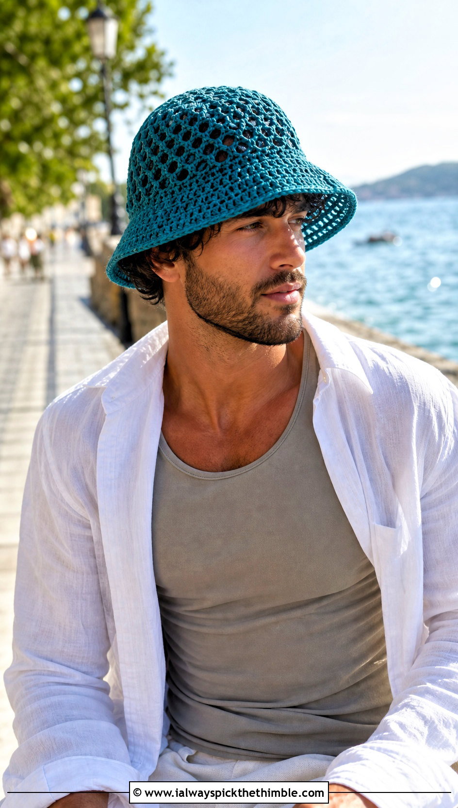 Openwork Mesh Crochet Bucket Hat With Linen Shirt And Shorts - 25 men crochet bucket hat outfit ideas