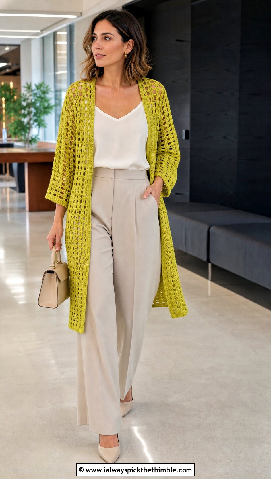 Openwork Mesh Crochet Cardigan With Wide Leg Trousers - 25 crochet long cardigan outfit ideas