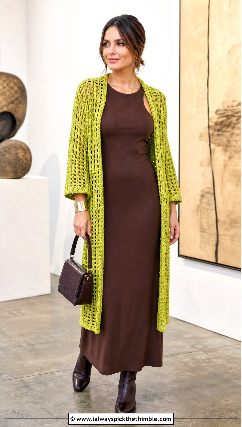 Openwork Mesh Crochet Fall Cardigan With Column Dress - 25 crochet fall cardigan outfit ideas