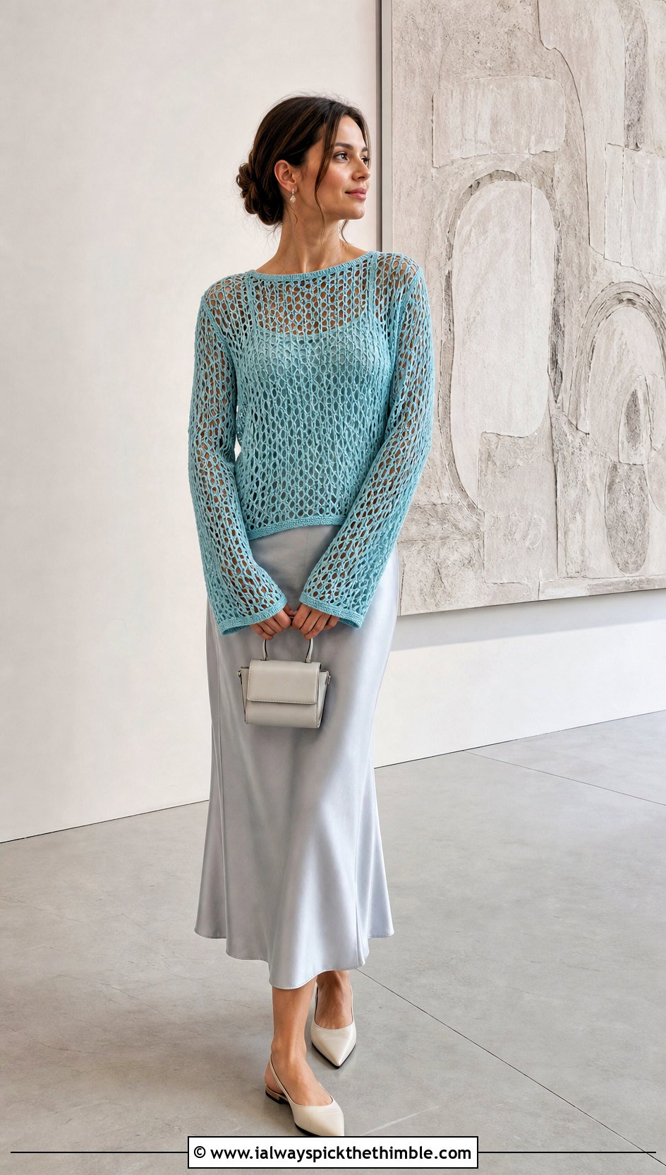 Openwork Mesh Crochet Jumper With Satin Midi Skirt - 20 crochet jumper for women outfit ideas