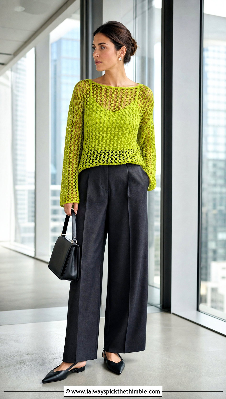 Openwork Mesh Crochet Jumper With Tailored Trousers - 15 Ladies Crochet Jumper outfit ideas