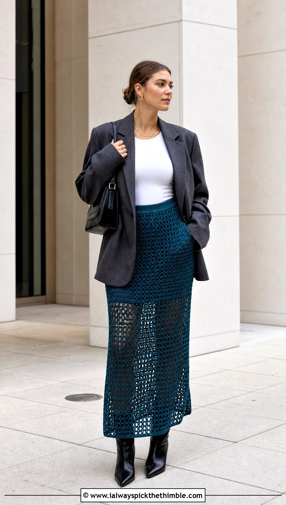 Openwork Mesh Crochet Long Skirt With Oversized Blazer - 15 Crochet Long Skirt Aesthetic outfit ideas