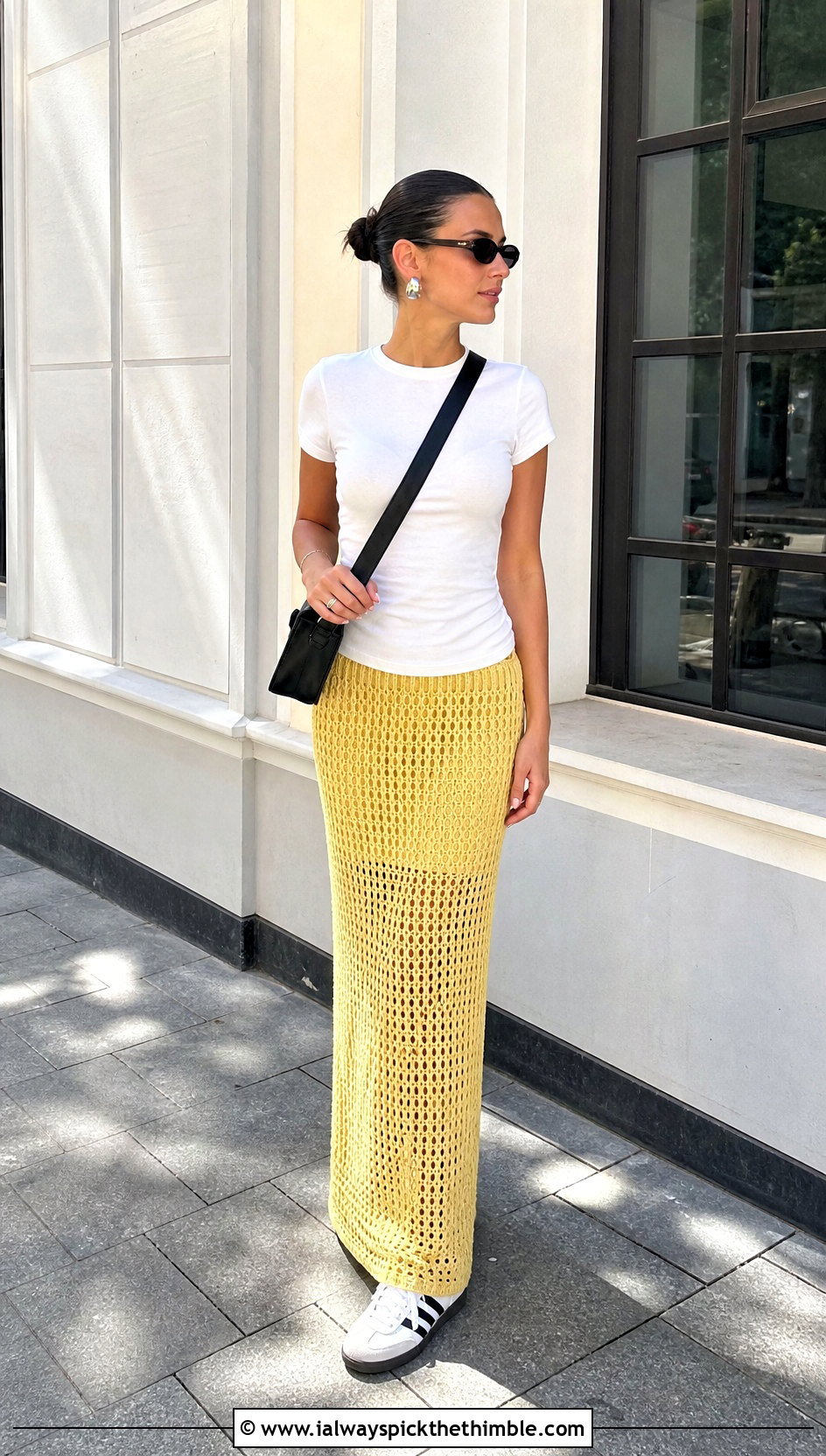 Openwork Mesh Crochet Maxi Skirt With White T Shirt - 25 crochet maxi skirt outfit ideas