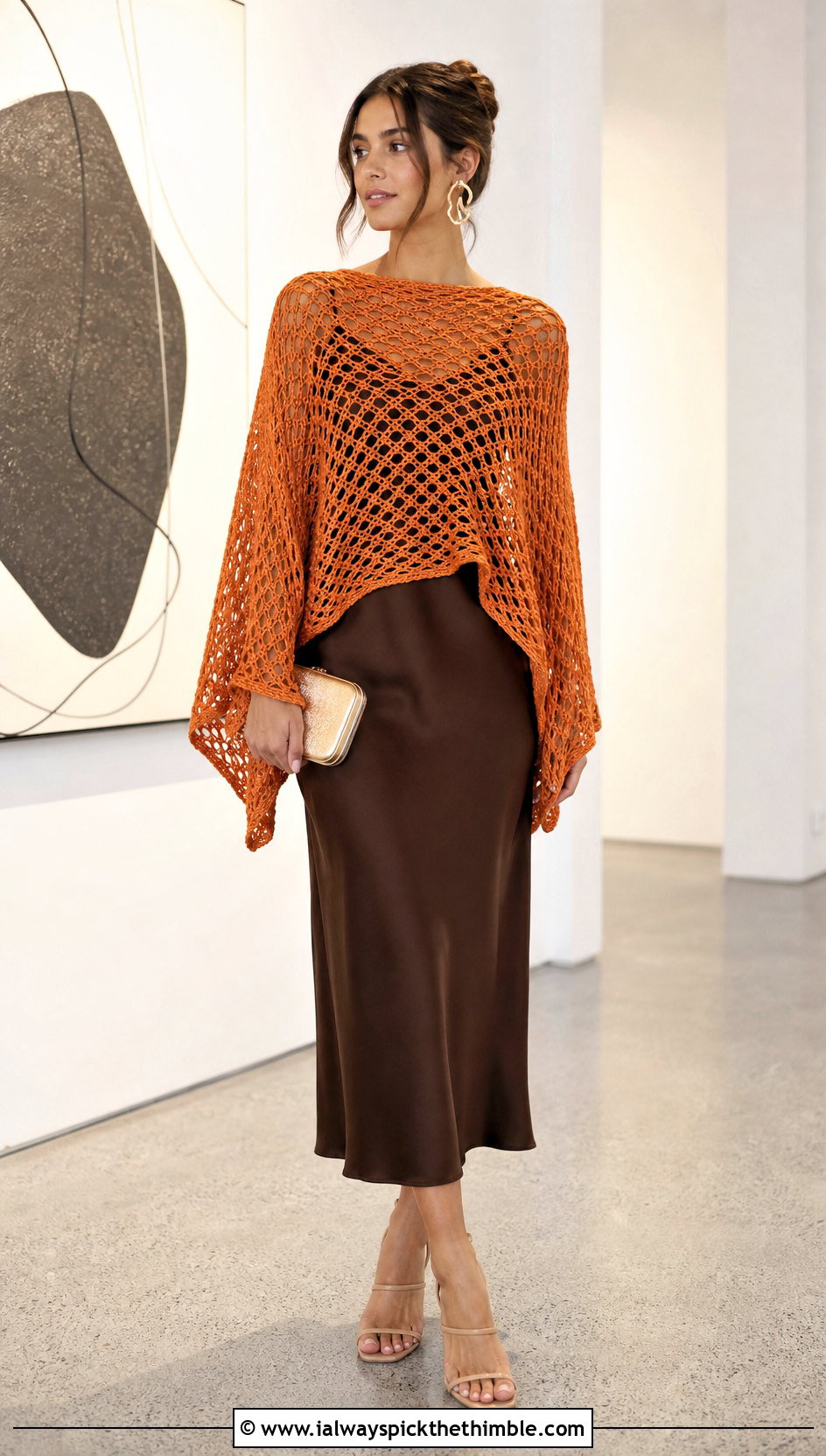 Openwork Mesh Crochet Poncho With Sleeves And Slip Dress - 20 crochet poncho with sleeves outfit ideas