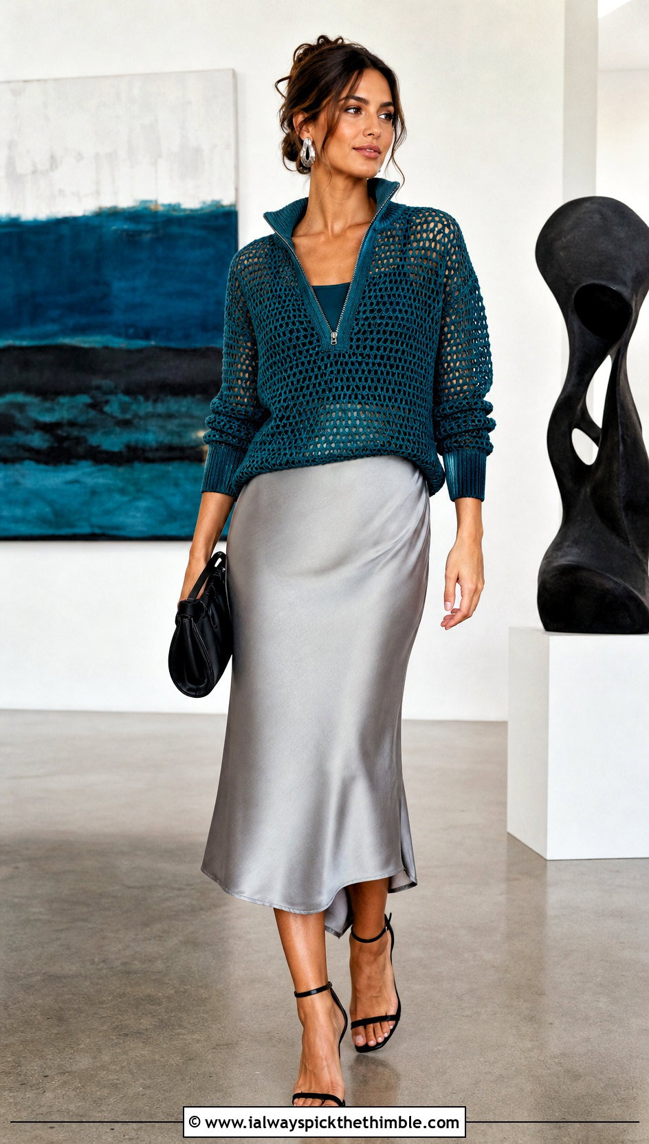 Openwork Mesh Crochet Quarter Zip Sweater With Satin Midi Skirt - 20 crochet quarter zip sweater outfit ideas