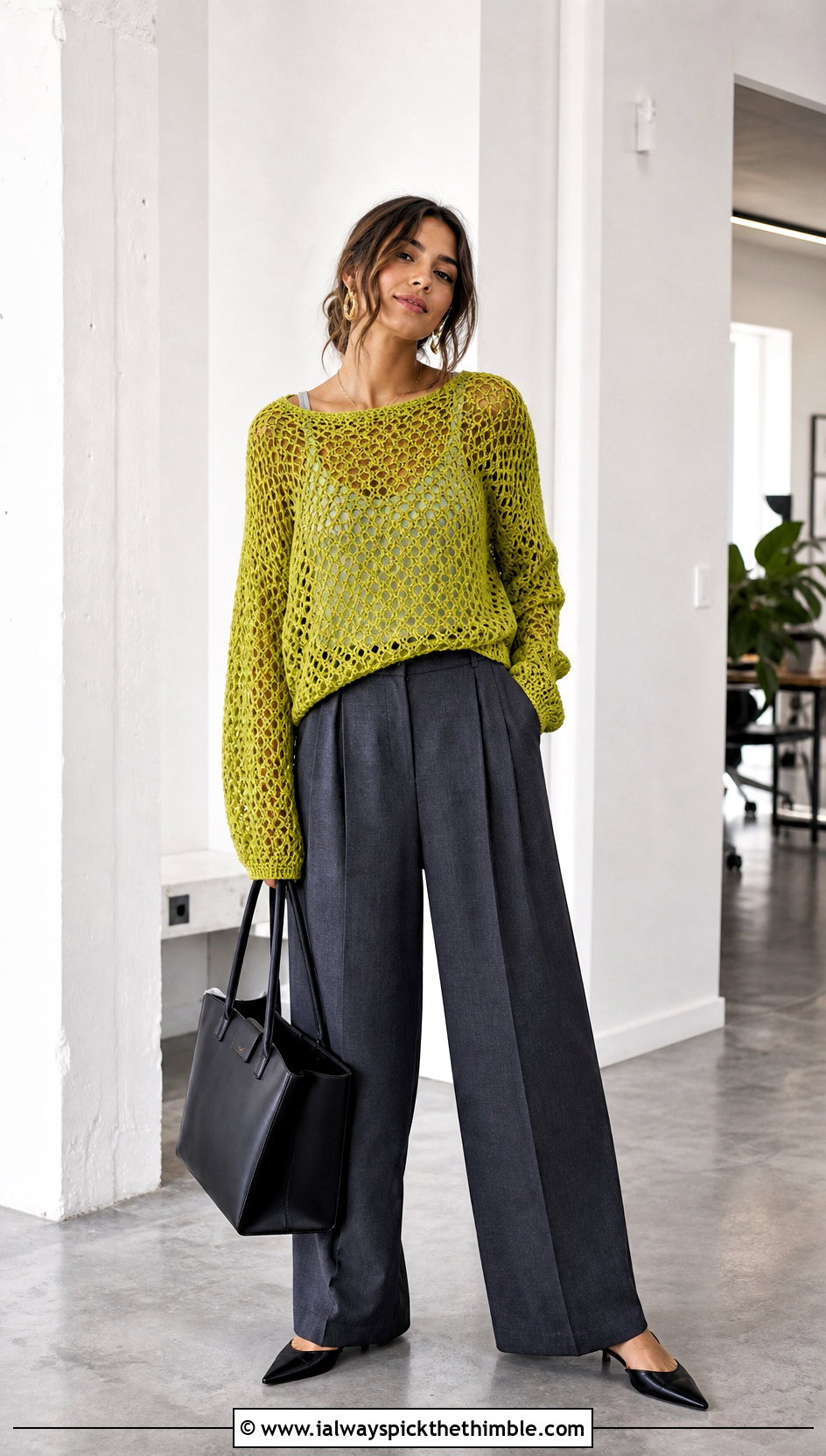 Openwork Mesh Crochet Sweater With Wide Leg Trousers - 25 cute crochet sweaters outfit ideas