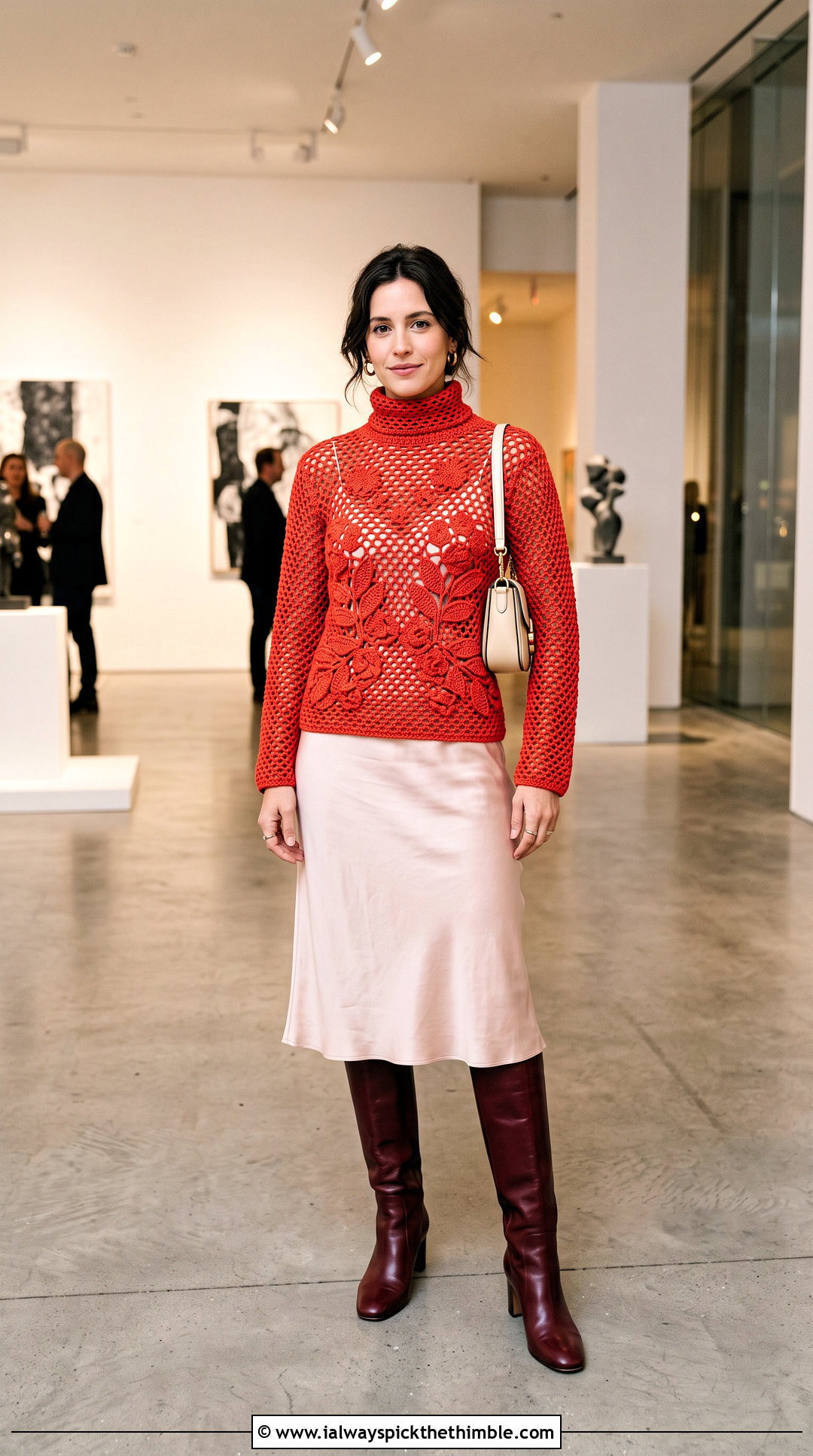 Openwork Mesh Crochet Turtle Neck Sweater Over A Slip Dress - 25 crochet turtle neck sweater outfit ideas