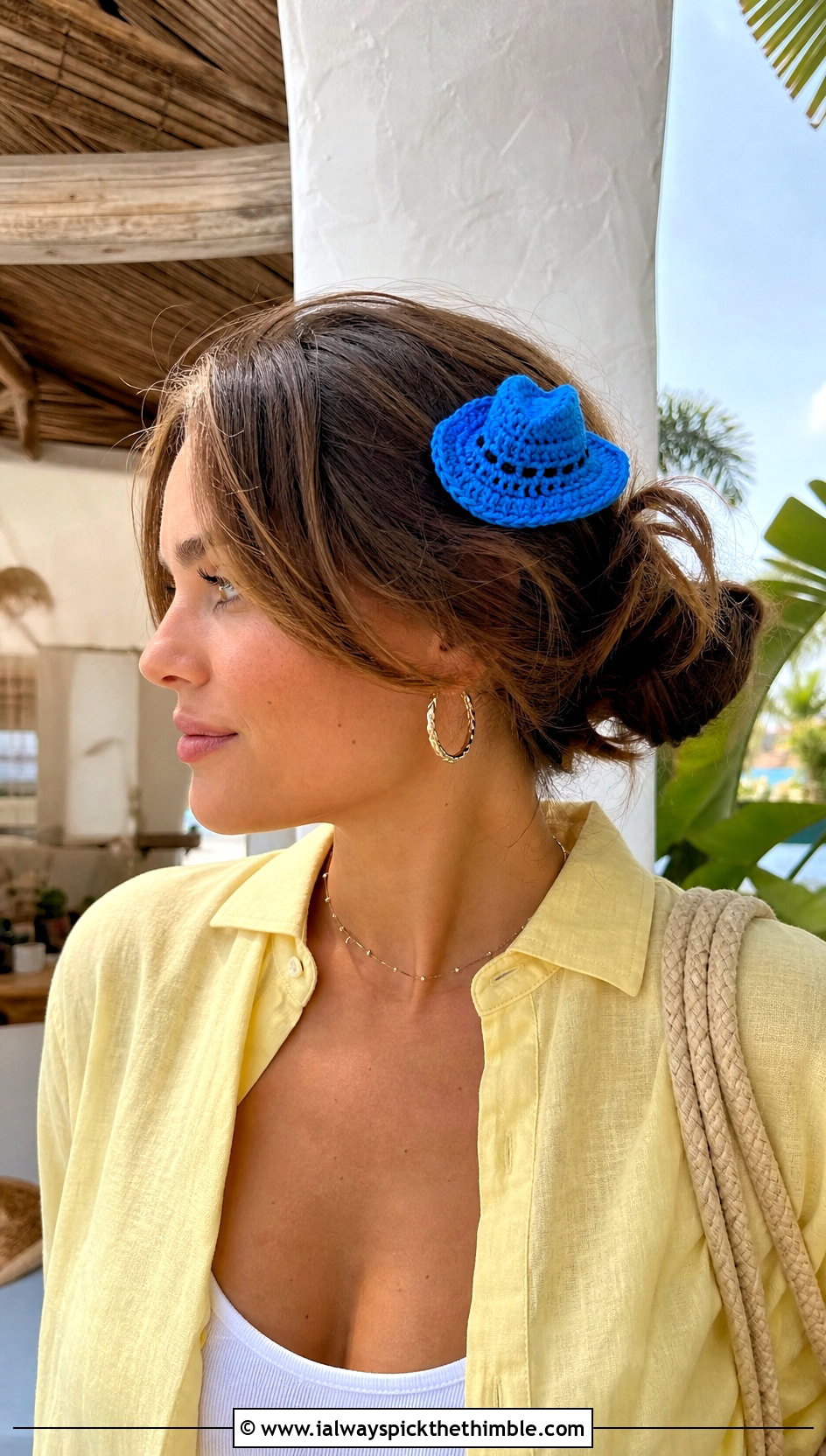 Openwork Mini Cowboy Hat Hair Clip With Linen Set - 25 crochet mini cowboy hat outfit ideas