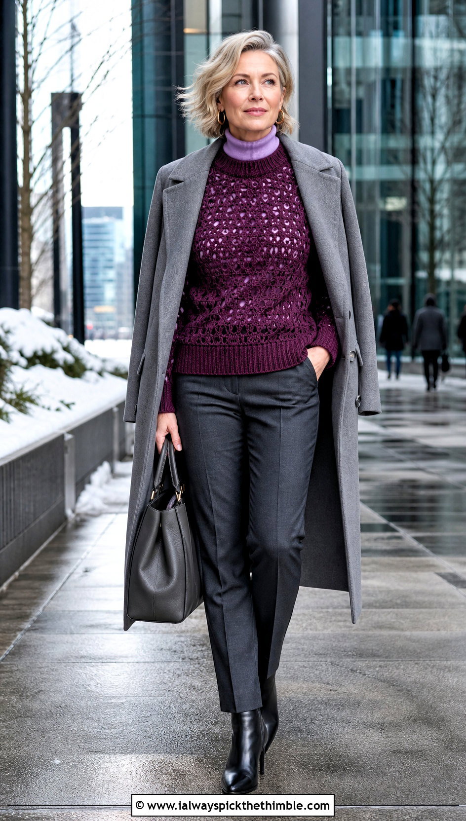 Openwork Mock Neck Crochet Sweater With Tailored Trousers - 20 Open Weave Crochet Sweater outfit ideas