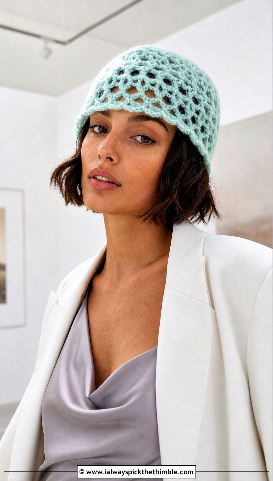 Openwork Mohair Crochet Hat With Slip Dress And Blazer - 25 Mohair Crochet Hat outfit ideas