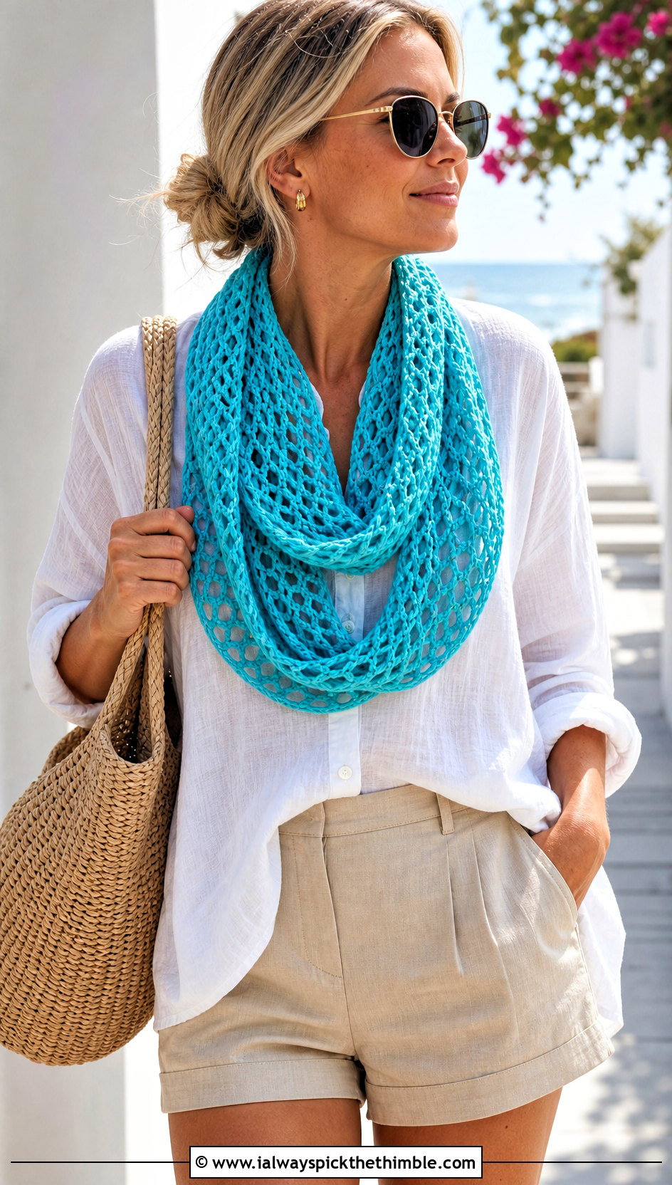 Openwork One Skein Crochet Infinity Scarf With Linen Shirt And Shorts - 15 One Skein Crochet Infinity Scarf outfit ideas