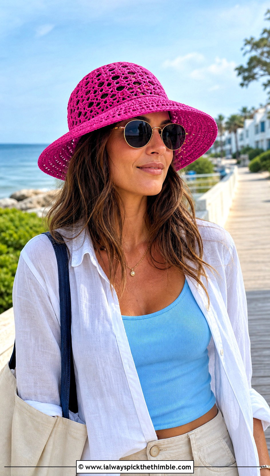 Openwork One Skein Crochet Sun Hat With Linen Shirt And Shorts - 20 one skein crochet hat outfit ideas