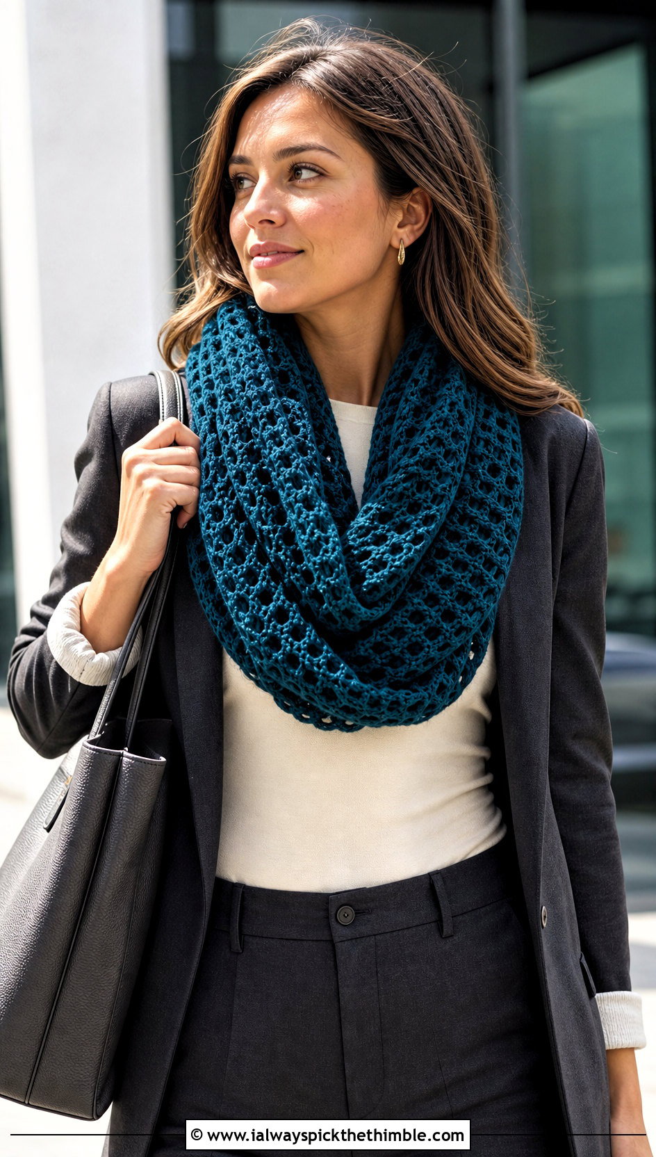 Openwork Oversized Crochet Infinity Scarf With Blazer - 15 Oversized Crochet Infinity Scarf outfit ideas