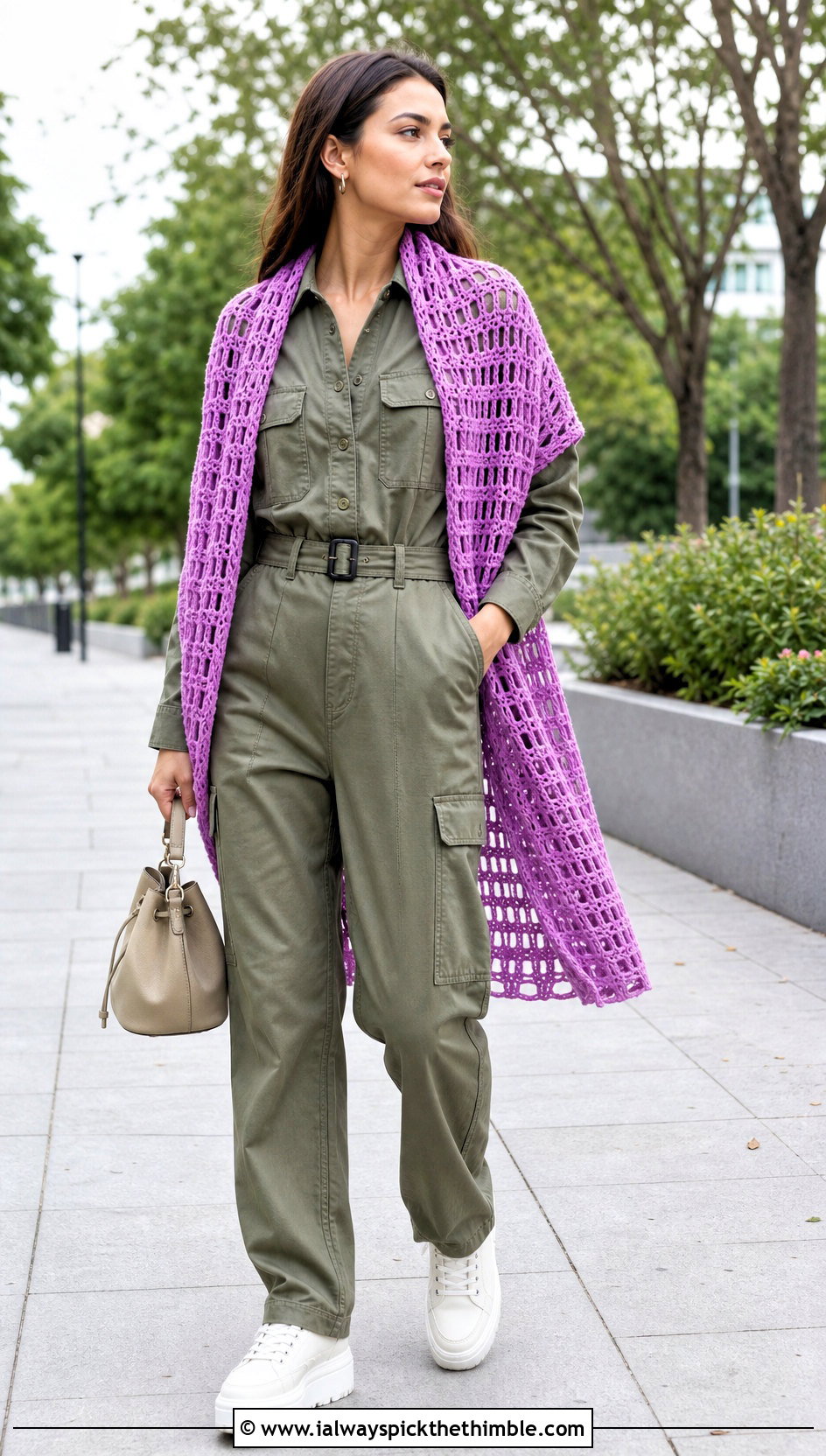 Openwork Rectangle Crochet Wrap With Utility Jumpsuit - 20 Rectangle Crochet Wrap outfit ideas