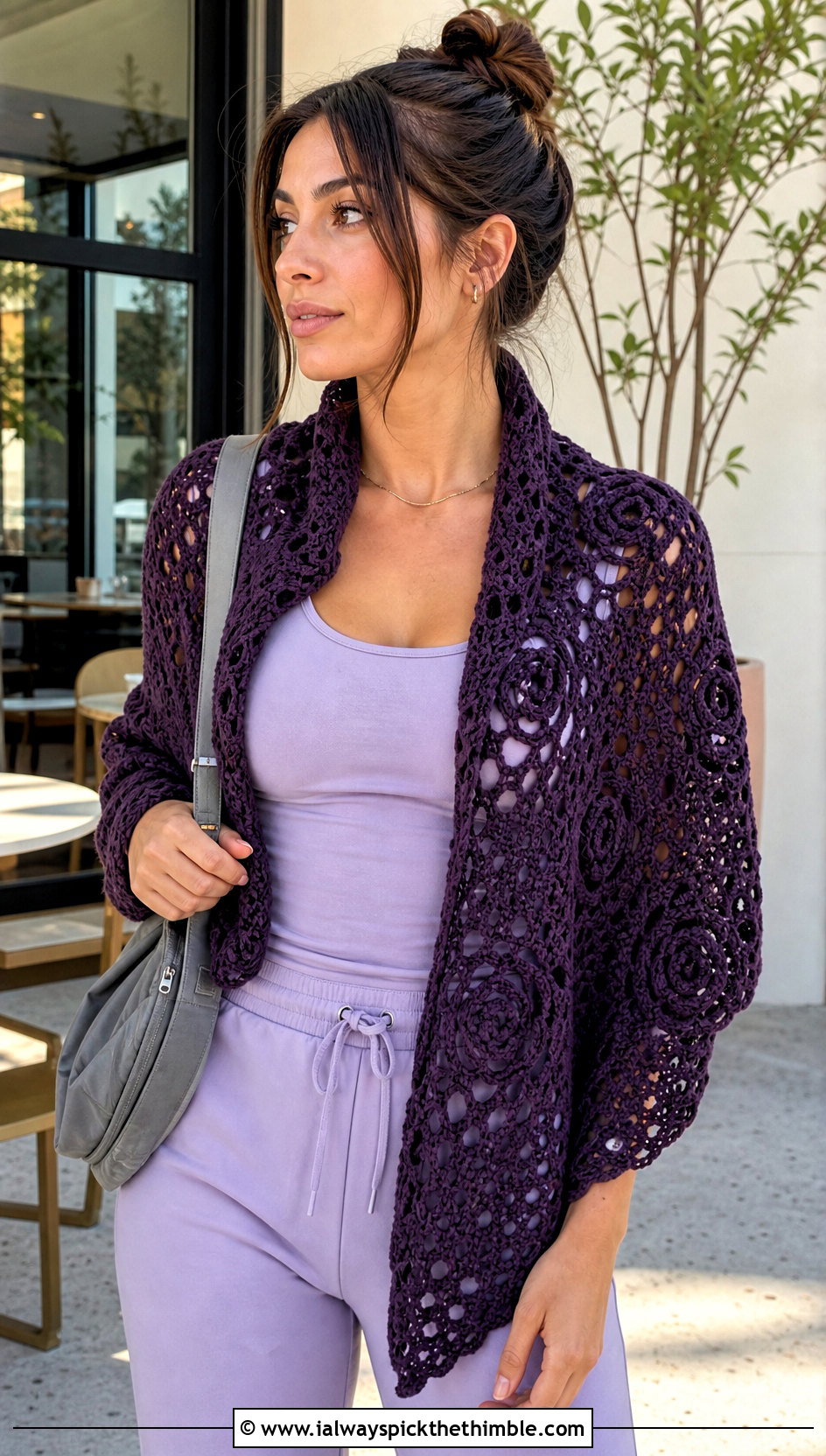 Openwork Rose Shawl With Track Pants - 20 Crochet Rose Shawl outfit ideas