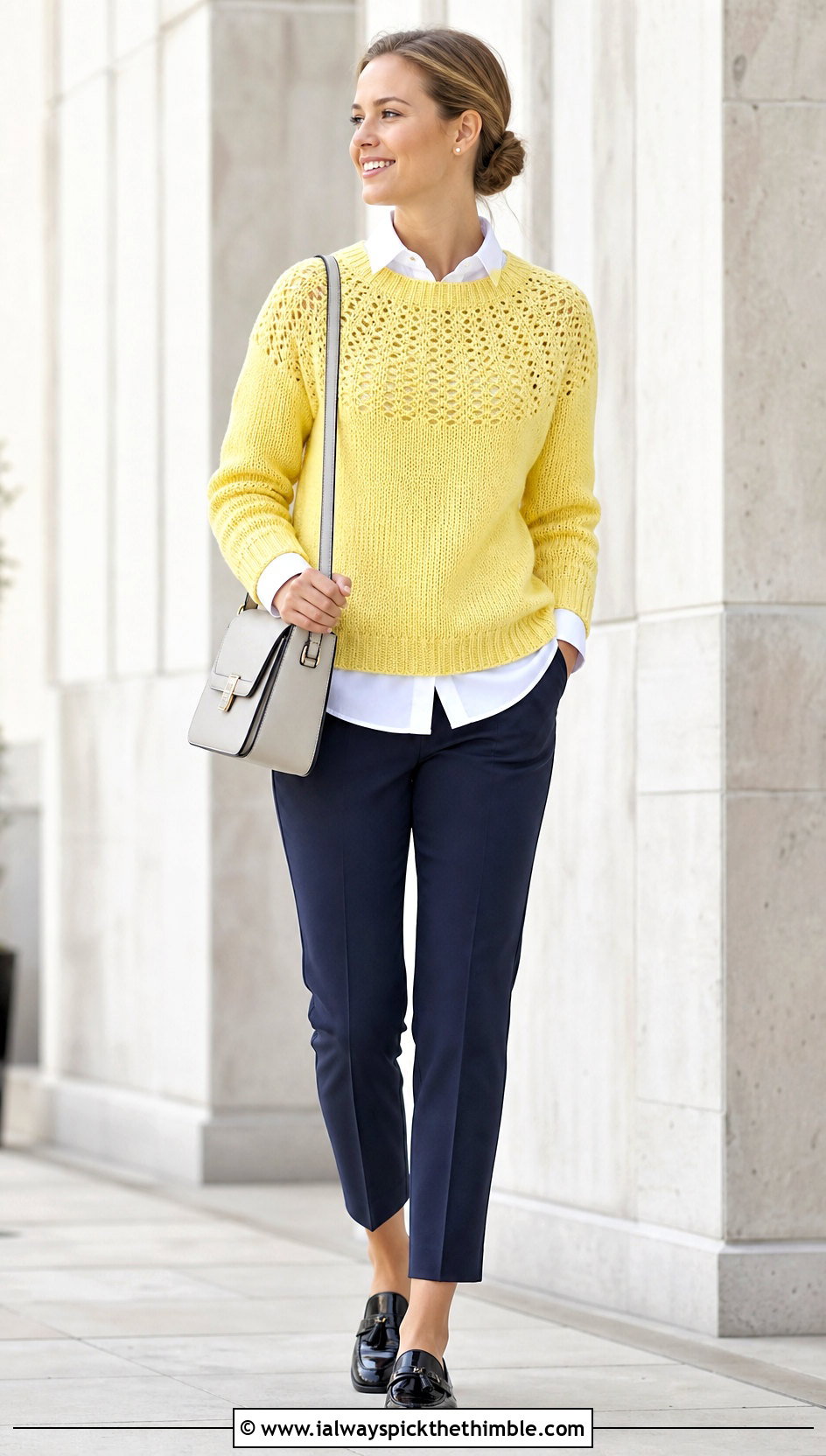 Openwork Round Yoke Crochet Sweater With Button Down Shirt - 20 Round Yoke Crochet Sweater outfit ideas