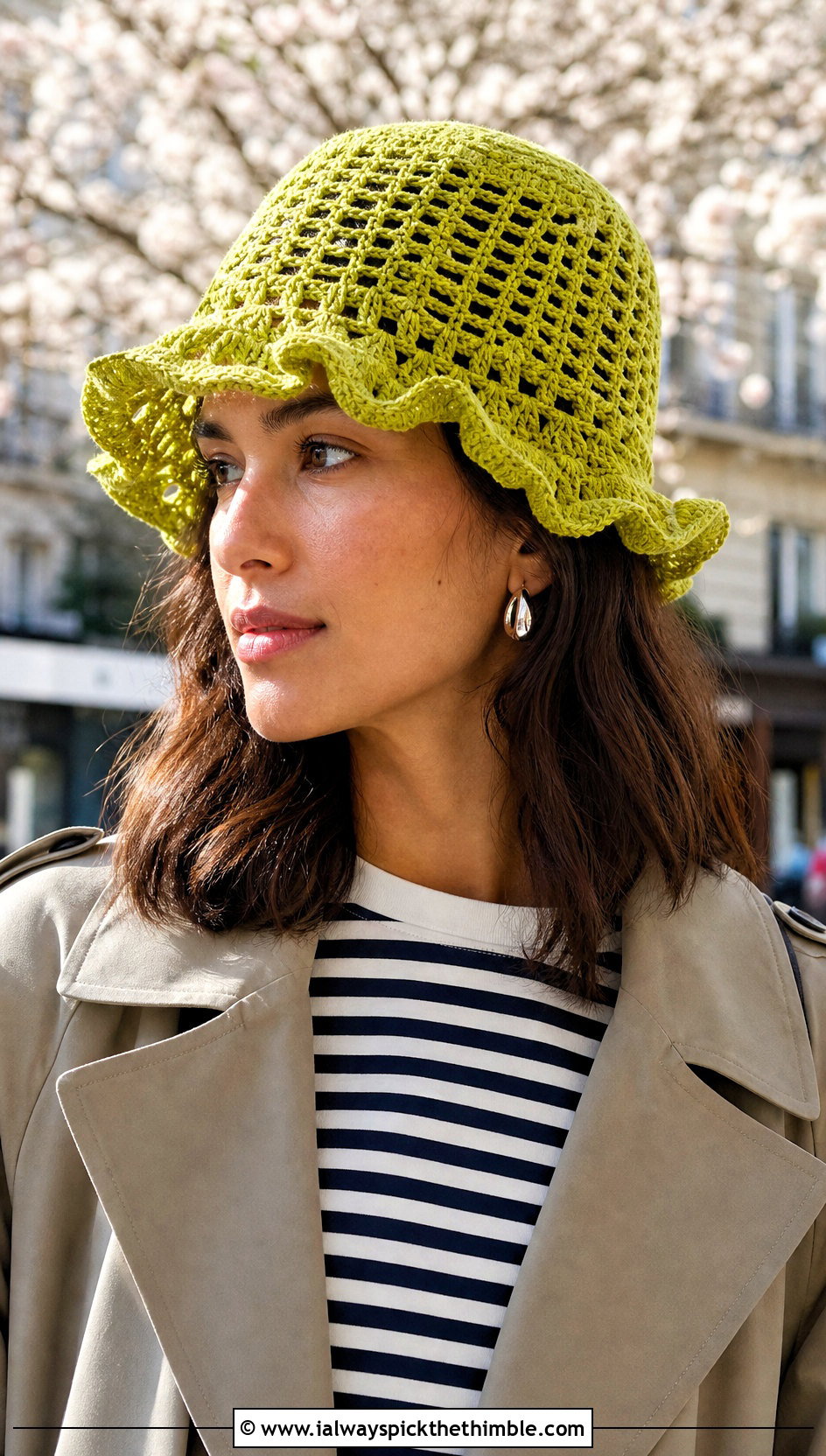 Openwork Ruffle Crochet Bucket Hat With Trench Coat - 20 Crochet Bucket Hat With Ruffles outfit ideas