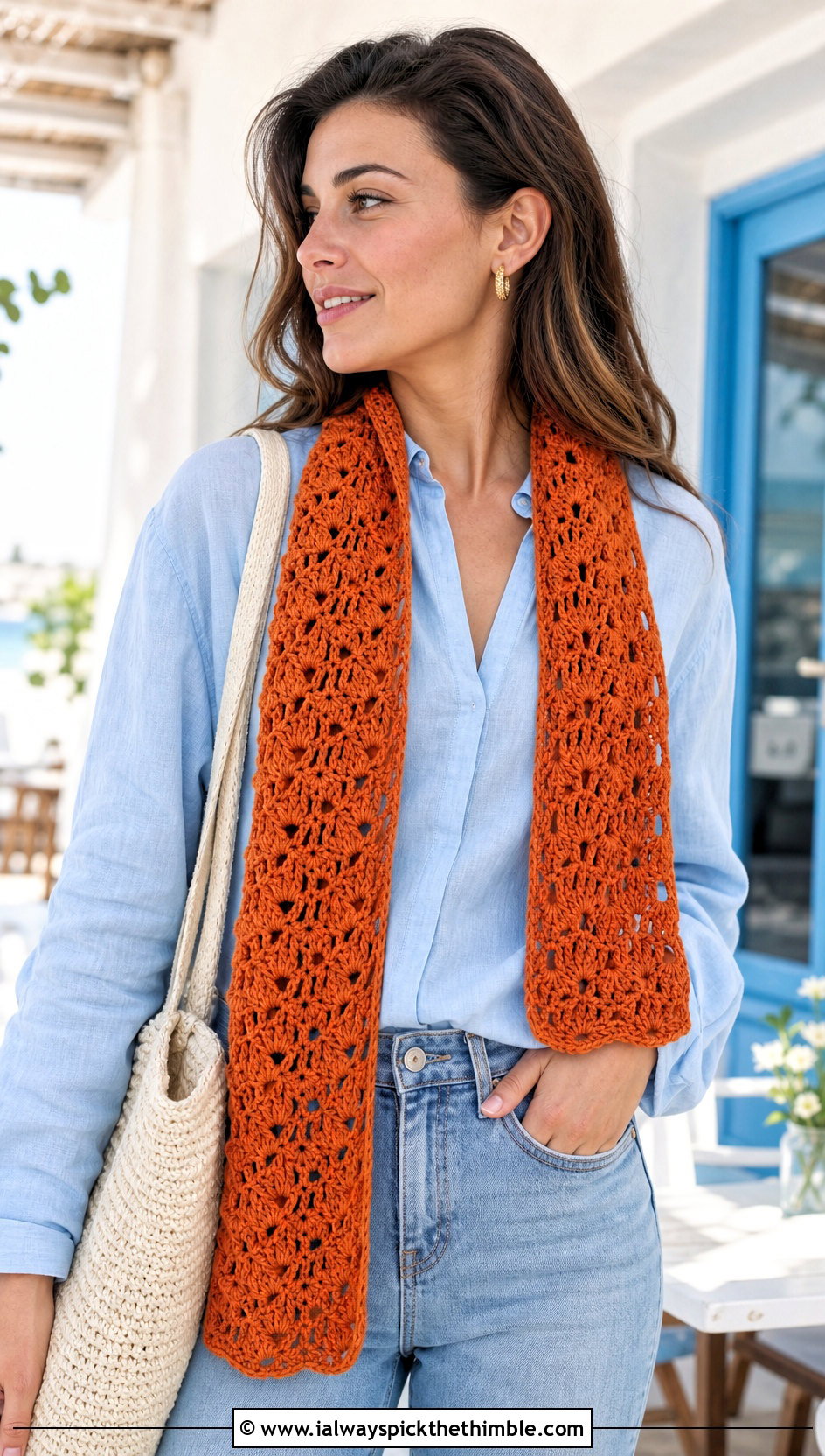 Openwork Shell Stitch Scarf With Linen Shirt And Jeans - 20 Shell Crochet Scarf outfit ideas