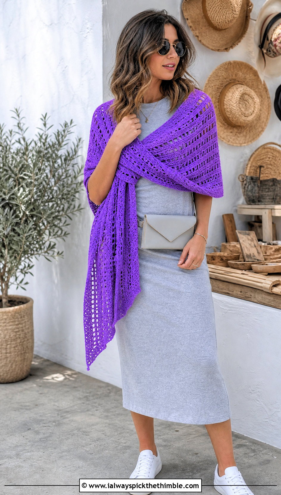 Openwork Sideways Crochet Shawl With T Shirt Dress - 20 Sideways Crochet Shawl outfit ideas