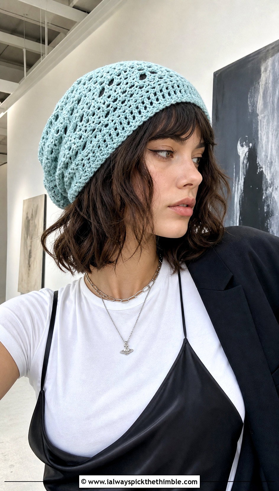 Openwork Slouchy Crochet Beanie With Slip Dress And Blazer - 20 Easy Slouchy Crochet Beanie outfit ideas