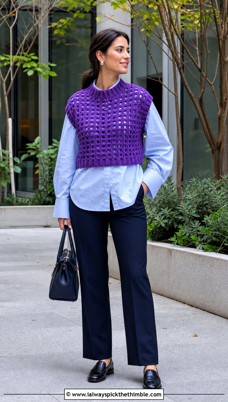 Openwork Sophia Crop Top Over A Button Down Shirt - 15 Crochet Sophia Crop Top outfit ideas