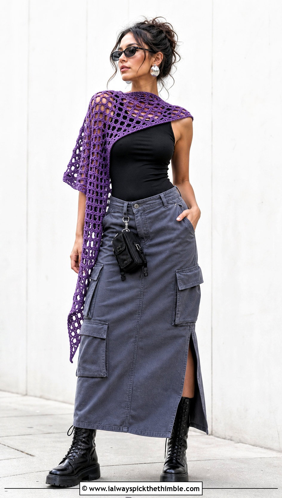 Openwork Square Crochet Shawl With Cargo Maxi Skirt - 20 Square Crochet Shawl outfit ideas
