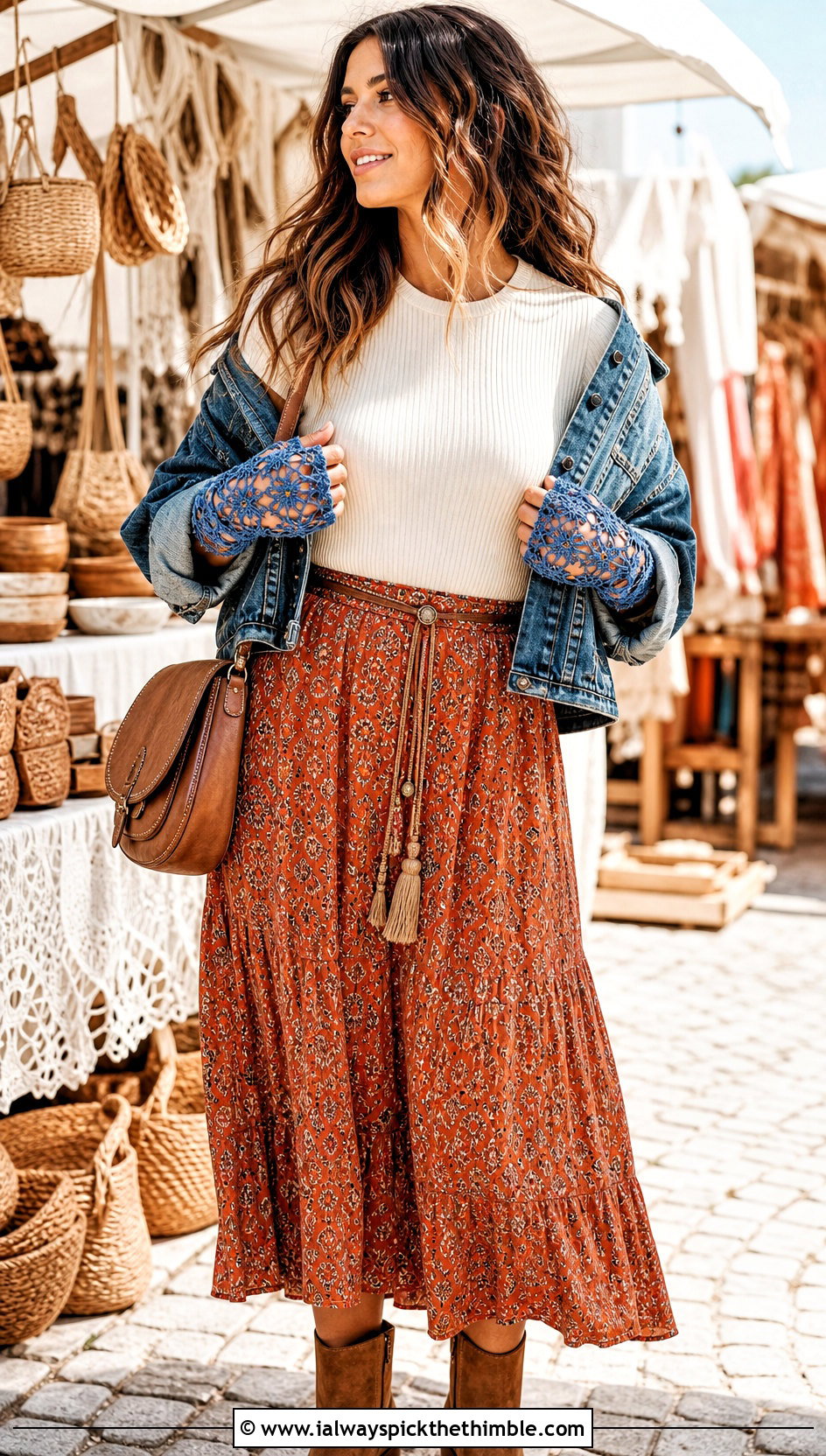 Openwork Star Gloves With Boho Maxi Skirt - 25 crochet star gloves outfit ideas