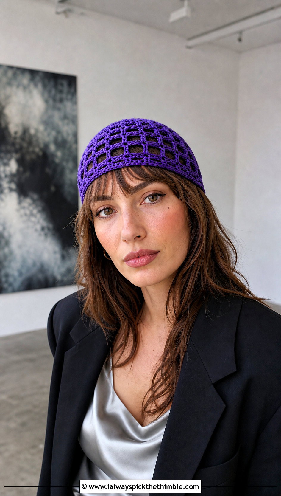 Openwork Stitch Skull Cap With Blazer And Slip Dress - 20 crochet stitch hat outfit ideas