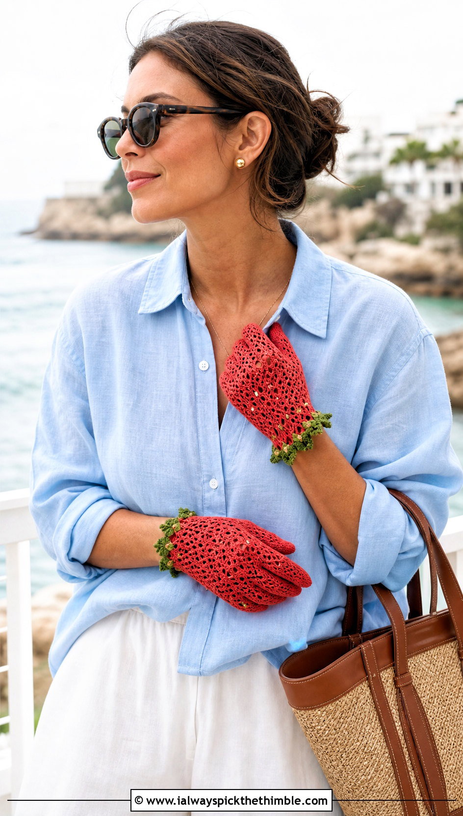 Openwork Strawberry Gloves With Linen Outfit - 20 Strawberry Crochet Gloves outfit ideas