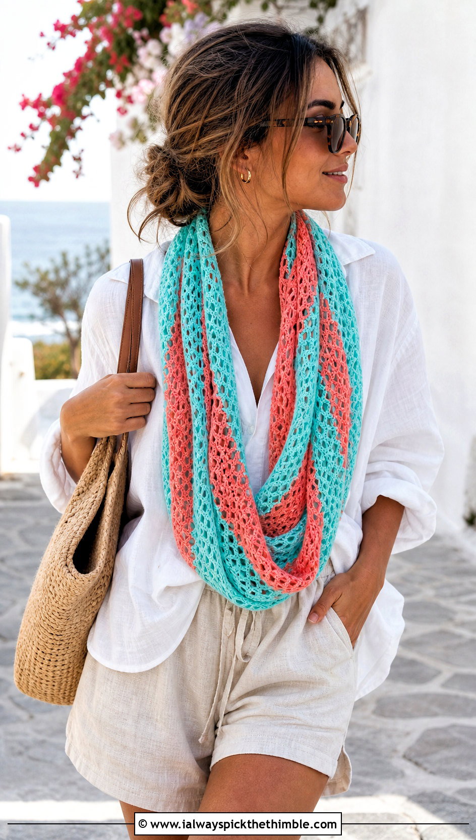 Openwork Striped Crochet Infinity Scarf With Linen Outfit - 15 Striped Crochet Infinity Scarf outfit ideas