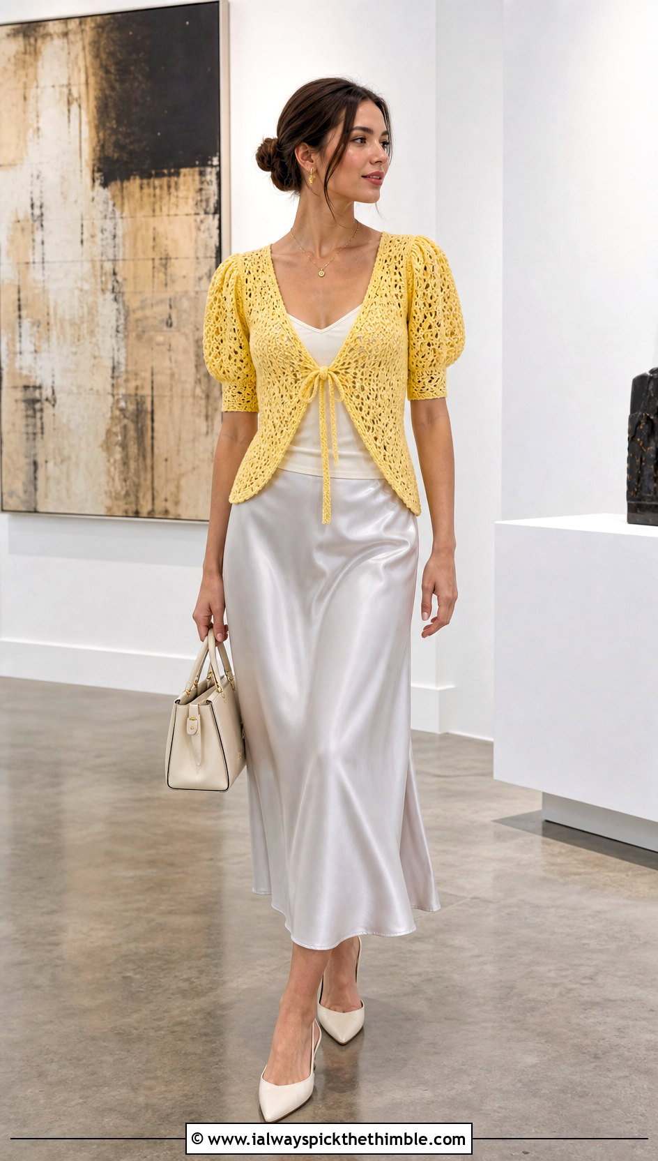 Openwork Tie Front Puff Sleeve Crochet Cardigan With Satin Midi Skirt - 20 Puff Sleeve Crochet Cardigan outfit ideas