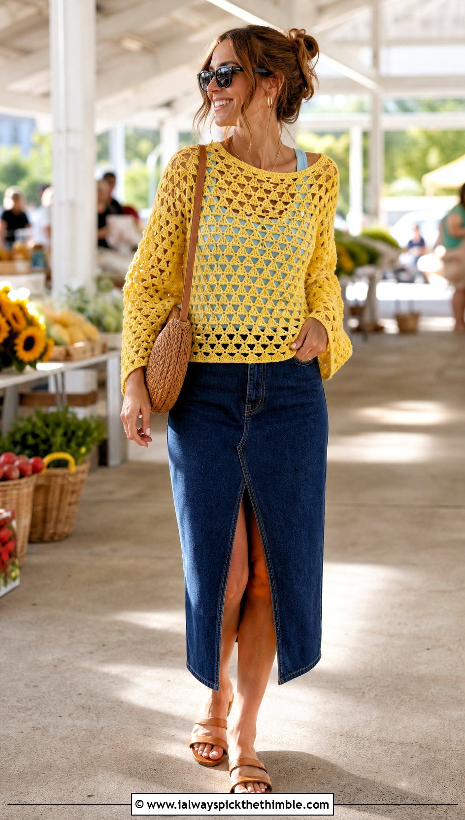 Openwork Triangle Crochet Sweater With Denim Midi Skirt - 15 triangle crochet sweater outfit ideas