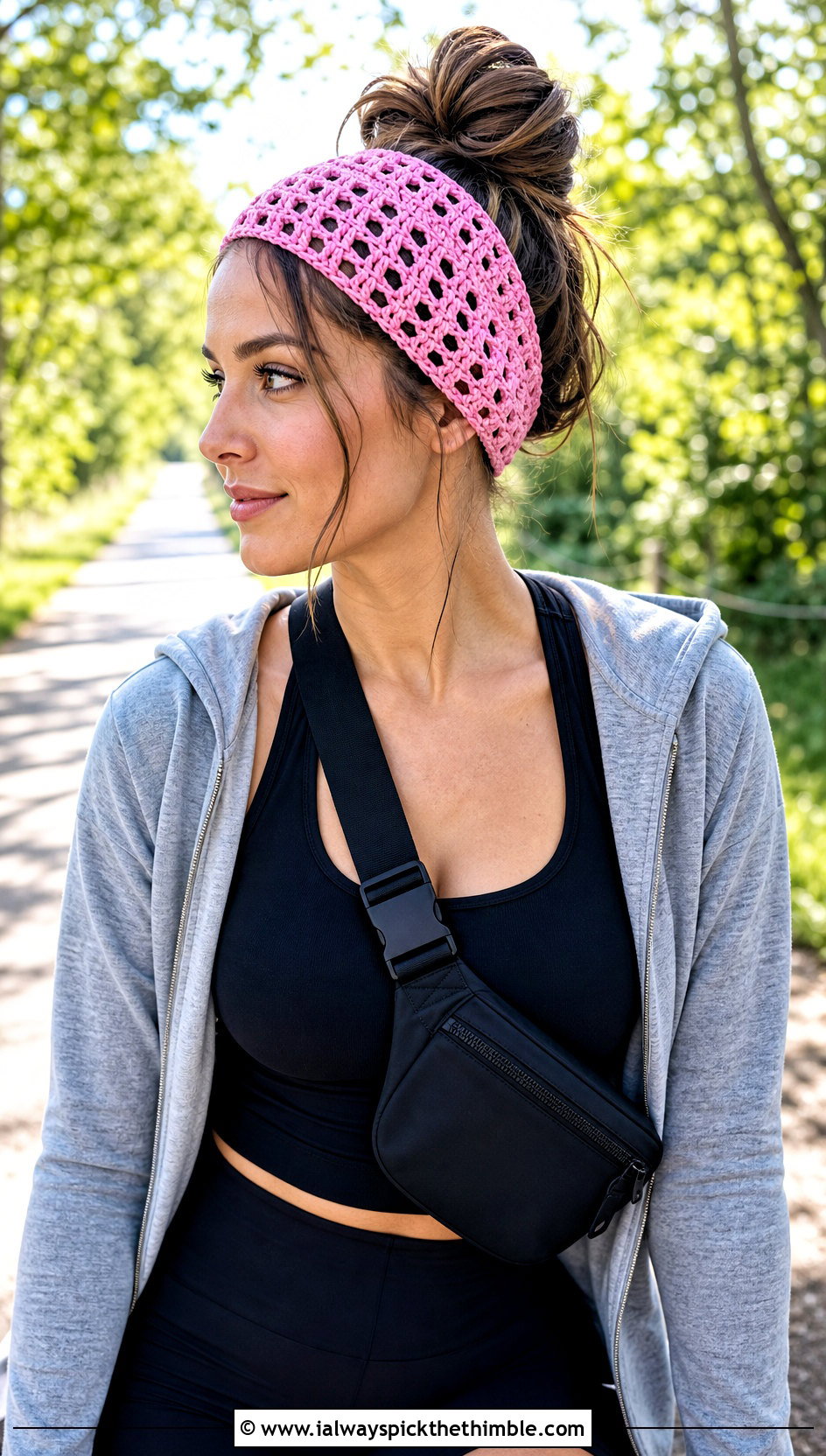 Openwork Triangle Headband With Hoodie And Biker Shorts - 20 crochet triangle headband outfit ideas