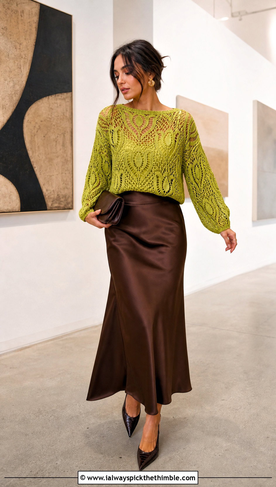 Openwork Tulip Crochet Sweater With Satin Midi Skirt - 20 Tulip Crochet Sweater outfit ideas