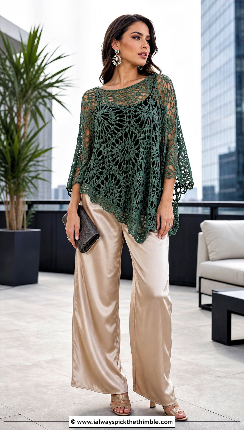 Openwork Tunic Crocheted Poncho With Satin Pants - 15 Crocheted Poncho outfit ideas
