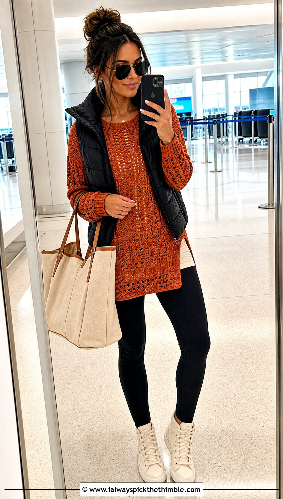 Openwork Tunic Orange Crochet Sweater With Leggings - 15 orange crochet sweater design outfit ideas