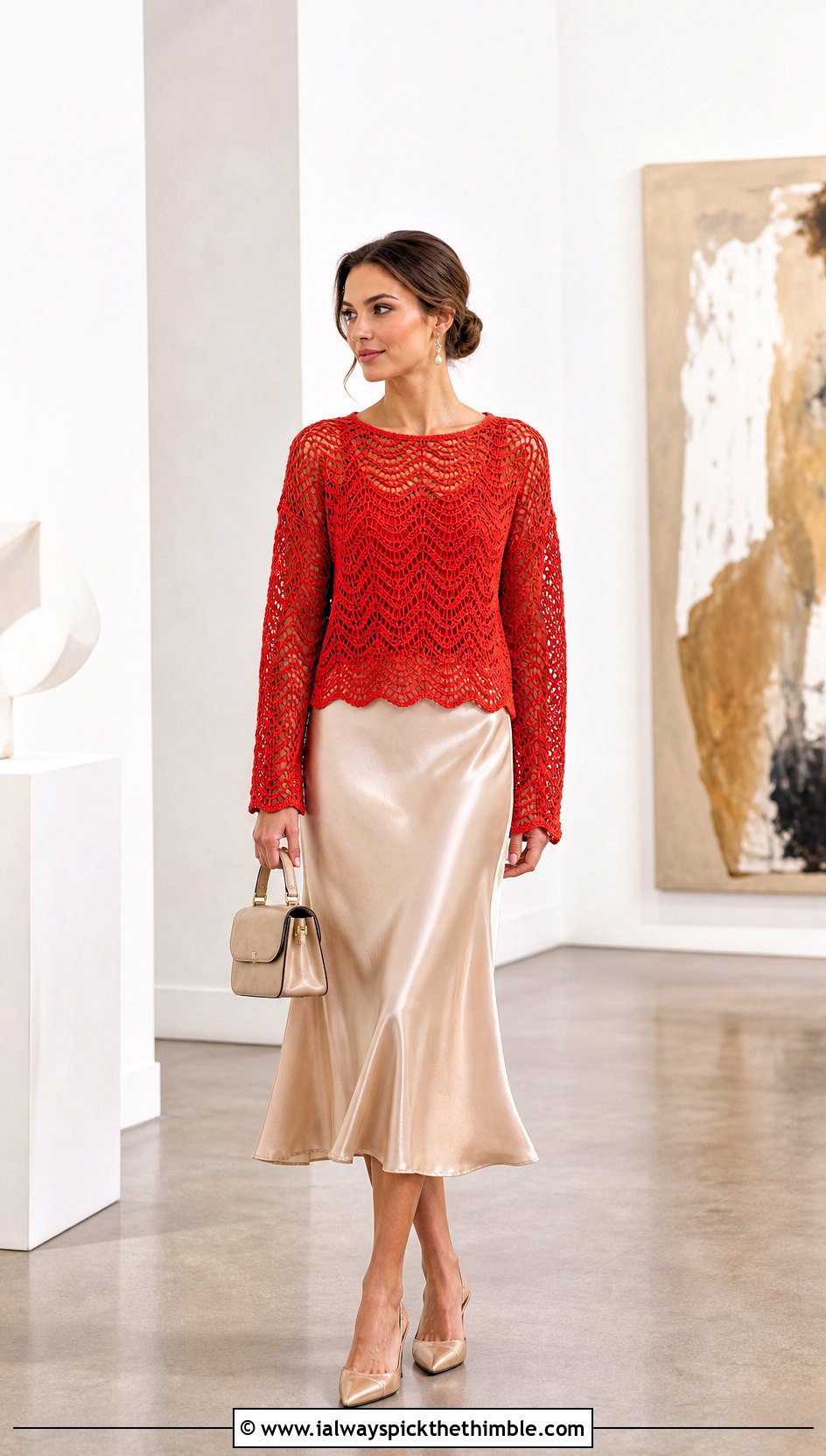 Openwork Wave Crochet Sweater With Satin Midi Skirt - 25 wavy crochet sweater outfit ideas