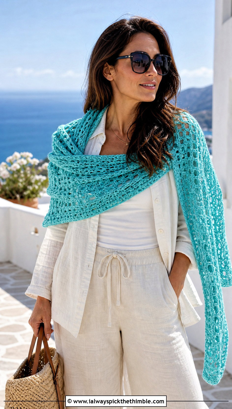 Openwork Wrap Me Up Crochet Sweater Scarf With Linen Set - 15 Wrap Me Up Crochet Sweater Scarf outfit ideas