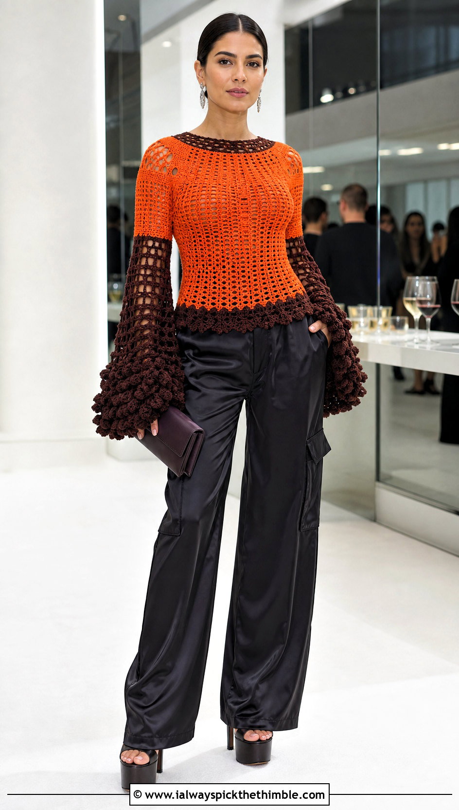 Orange And Brown Bell Sleeve Crochet Top With Satin Cargo Pants - 15 orange and brown crochet top outfit ideas