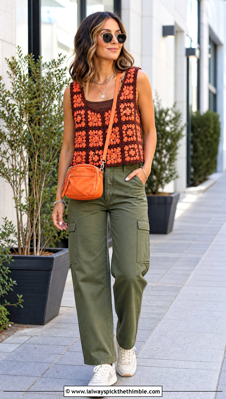 Orange And Brown Boxy Crochet Tank Top With Cargo Pants - 15 orange and brown crochet top outfit ideas