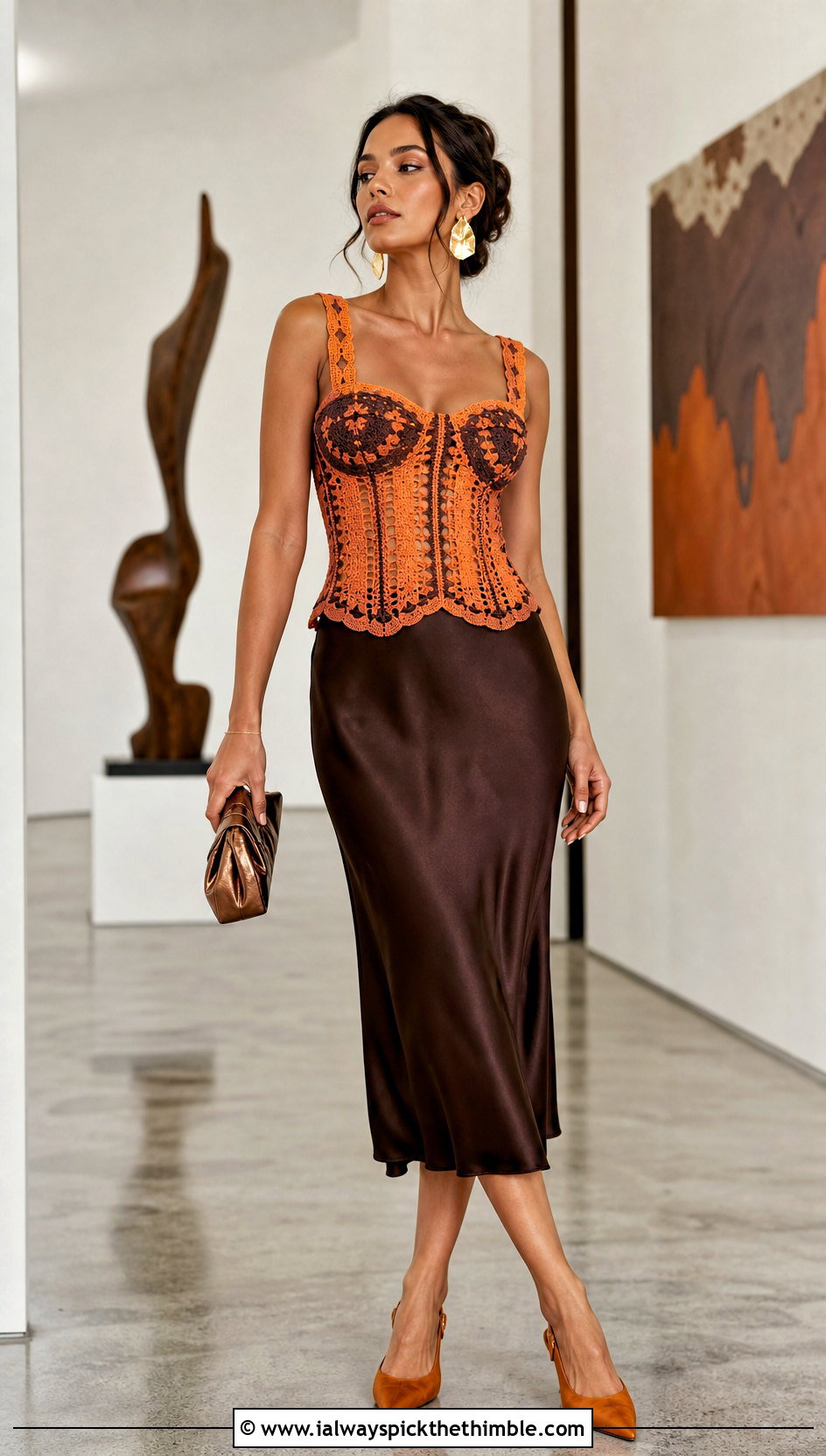 Orange And Brown Crochet Corset Top With Satin Midi Skirt - 15 orange and brown crochet top outfit ideas