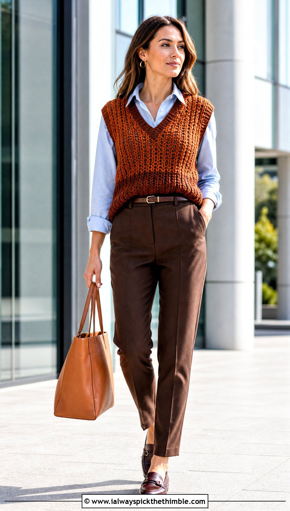Orange And Brown Crochet Sweater Vest With Tailored Trousers - 15 orange and brown crochet top outfit ideas