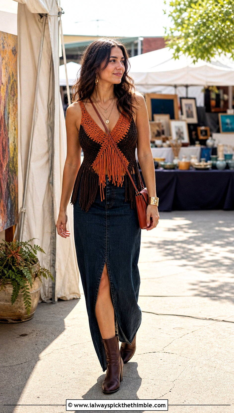 Orange And Brown Fringe Crochet Top With Denim Maxi Skirt - 15 orange and brown crochet top outfit ideas
