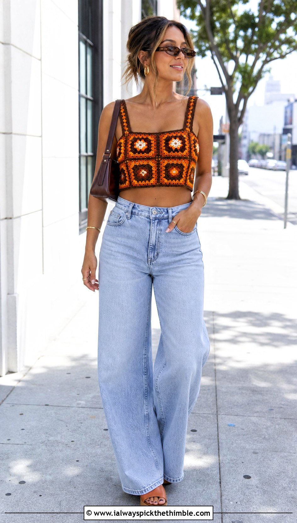 Orange And Brown Granny Square Crop Top With Wide Leg Jeans - 15 orange and brown crochet top outfit ideas