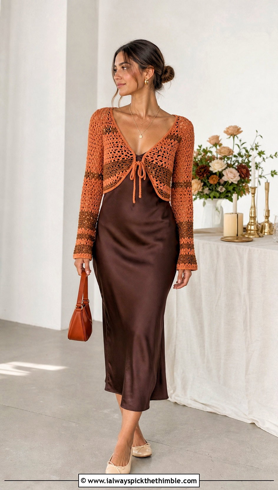 Orange And Brown Tie Front Crochet Top With Slip Dress - 15 orange and brown crochet top outfit ideas