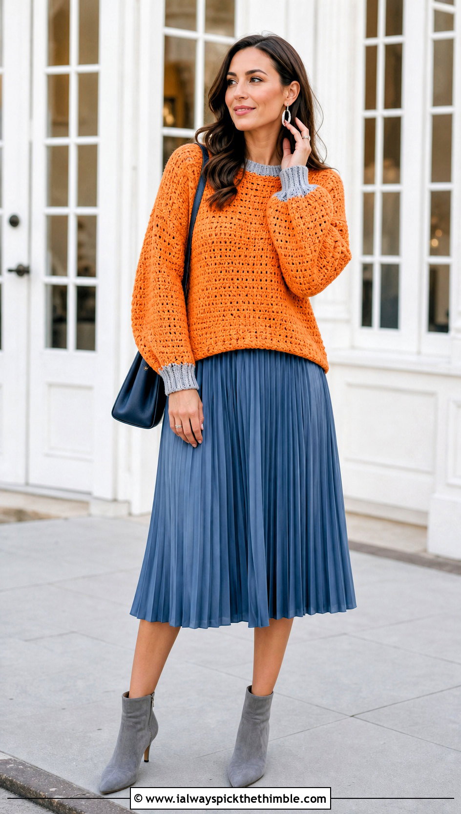 Orange And Gray Balloon Sleeve Crochet Sweater With Pleated Midi Skirt - 15 Orange And Gray Crochet Sweater outfit ideas