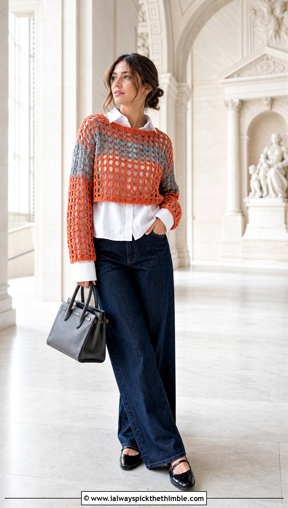 Orange And Gray Cropped Mesh Crochet Sweater With A Button Down Shirt - 15 Orange And Gray Crochet Sweater outfit ideas