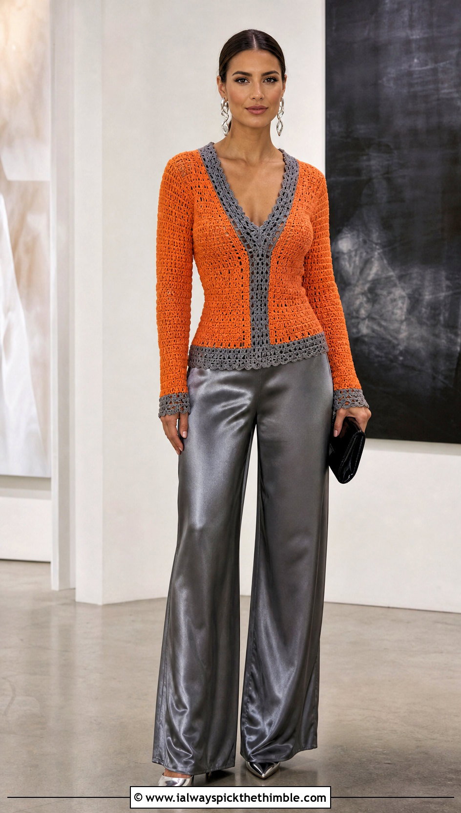 Orange And Gray Fitted V Neck Crochet Sweater With Satin Pants - 15 Orange And Gray Crochet Sweater outfit ideas