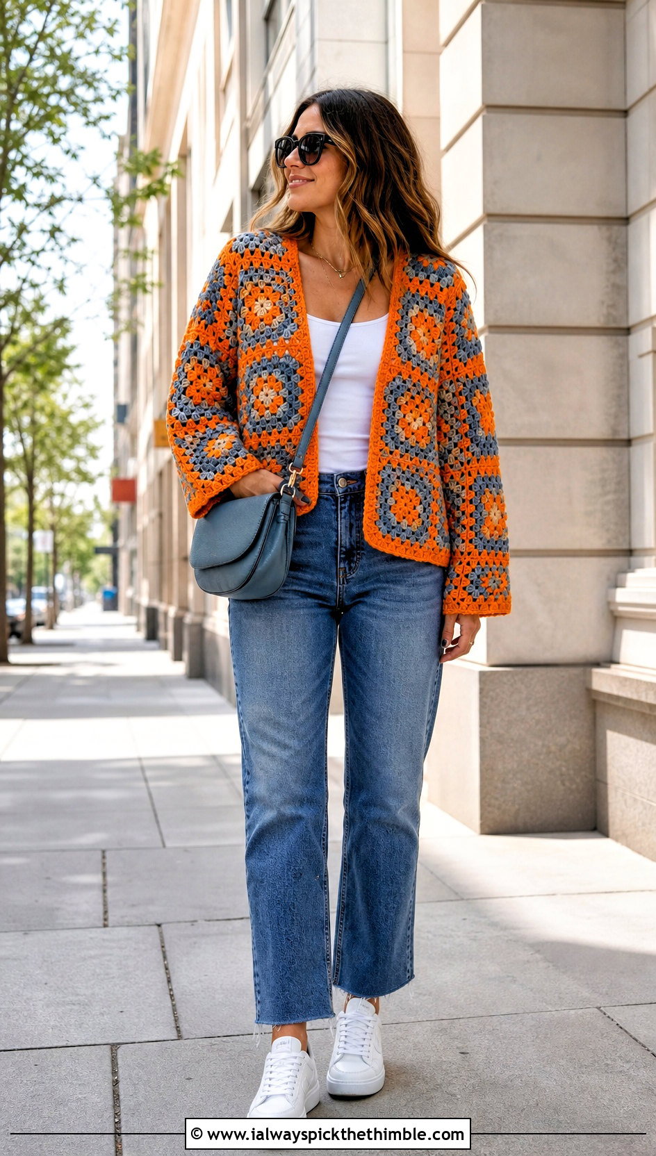 Orange And Gray Granny Square Crochet Sweater With Straight Leg Jeans - 15 Orange And Gray Crochet Sweater outfit ideas