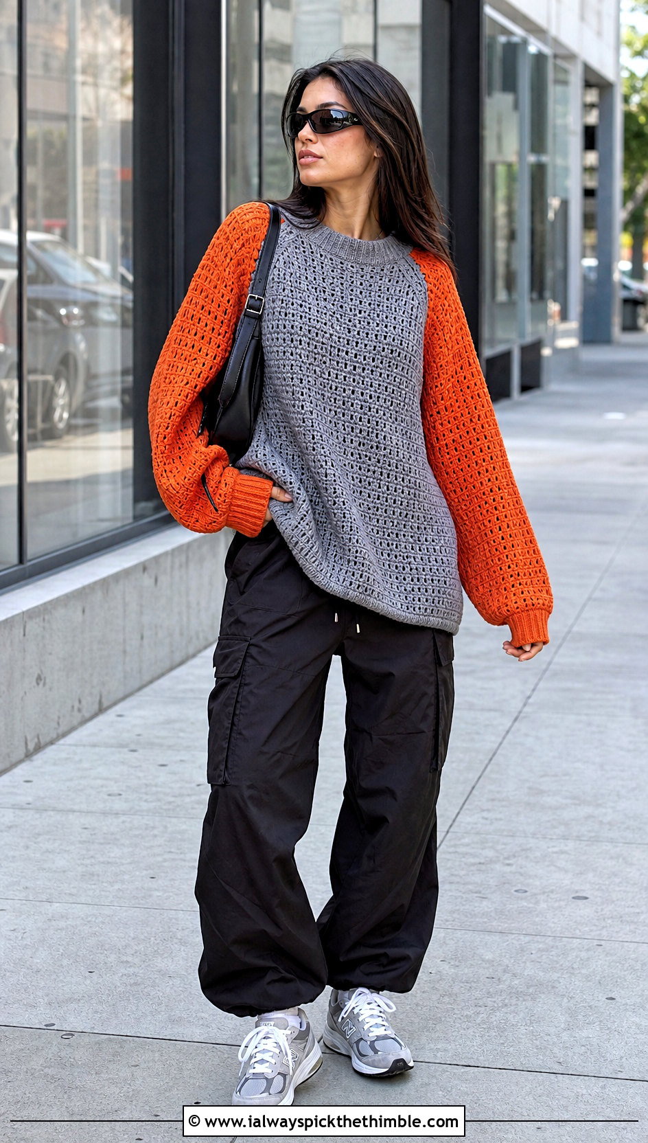 Orange And Gray Oversized Raglan Crochet Sweater With Cargo Pants - 15 Orange And Gray Crochet Sweater outfit ideas